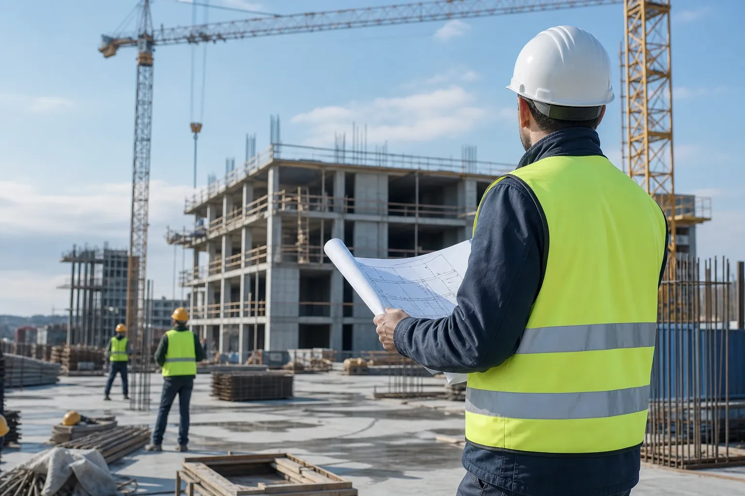 Ingenieur mit Schutzhelm und Warnweste prüft Baupläne vor einem Rohbau